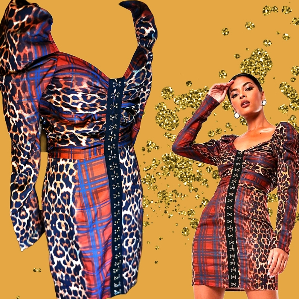 MISSGUIDED leopard and plaid hook+eye mini dress